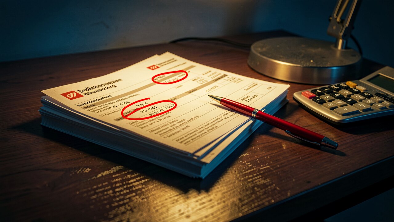 Stapel Stromabrechnungen mit rot eingekreisten Fehlern, Taschenrechner und rotem Stift