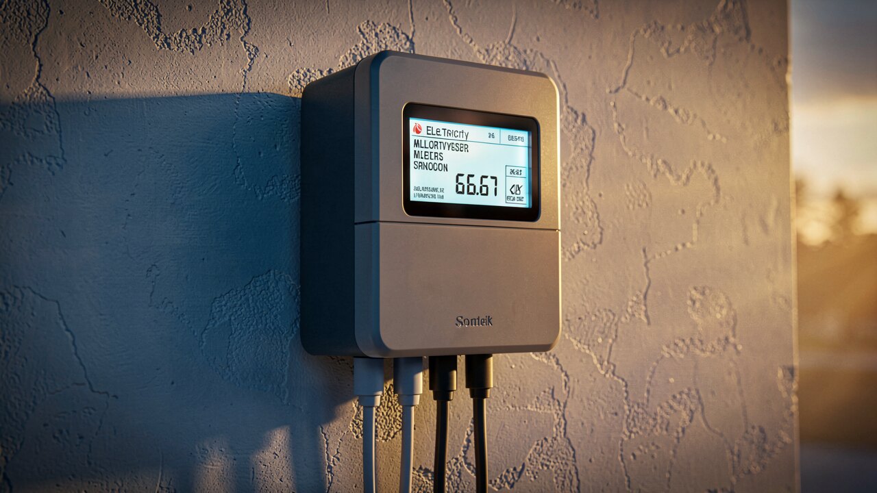 Moderner digitaler Stromzähler mit Display an der Wand