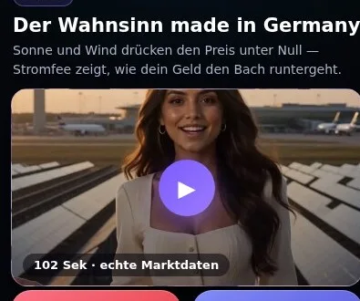 Startseite apps.stromfee.ai — Der Wahnsinn made in Germany, mit Erklärvideo aus echten Marktdaten