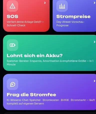 App-Kacheln: SOS, Strompreise, Lohnt sich ein Akku, Frag die Stromfee