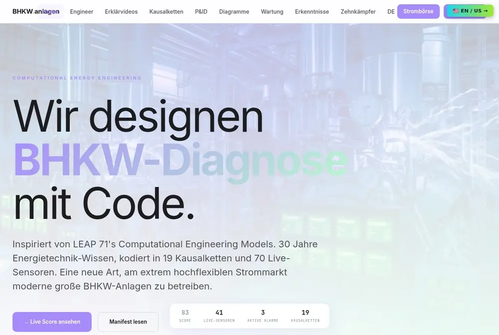 Startseite bhkw-anlagen.com — wir designen BHKW-Diagnose mit Code, mit Live-Score, Sensoren und Kausalketten
