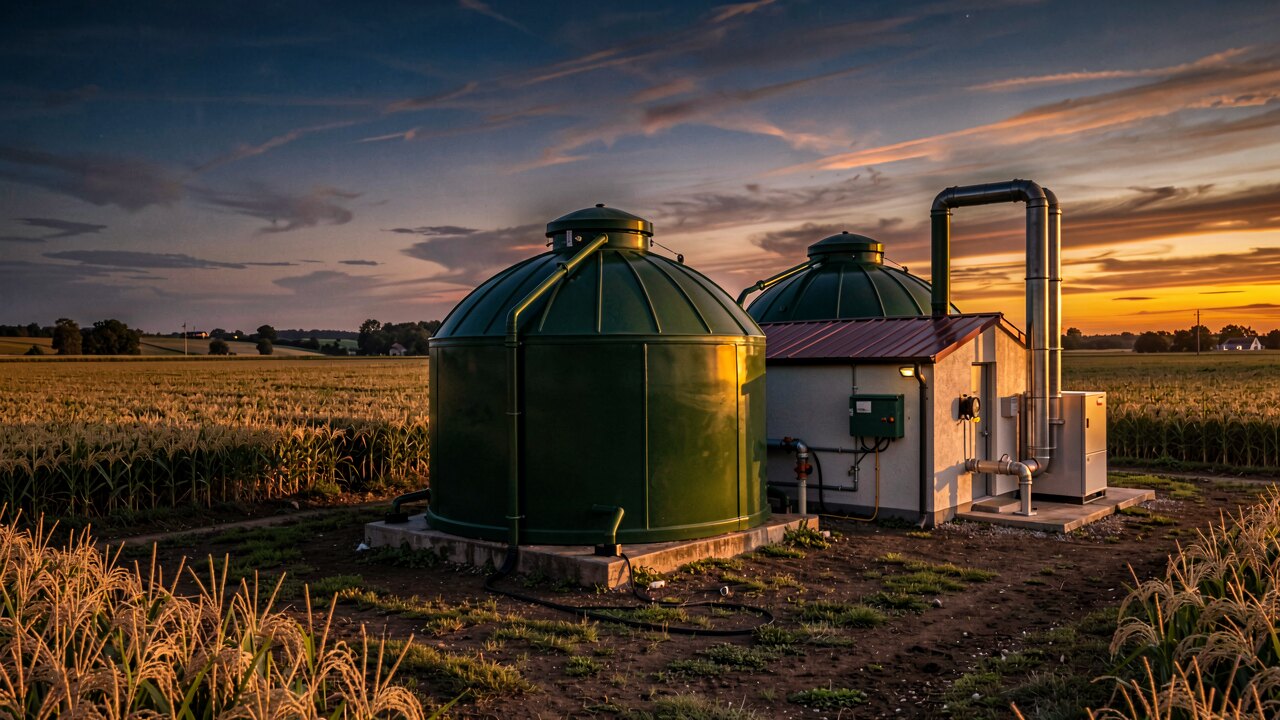 Biogasanlage mit grüner Kuppel, Fermenter und BHKW-Gebäude auf einem landwirtschaftlichen Hof