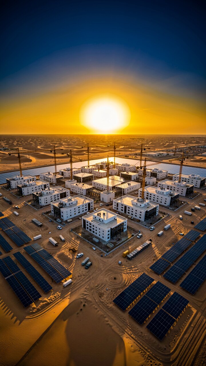 Stargate UAE Campus Abu Dhabi – Konzept-Illustration eines gigantischen KI-Rechenzentrums in der Wüste