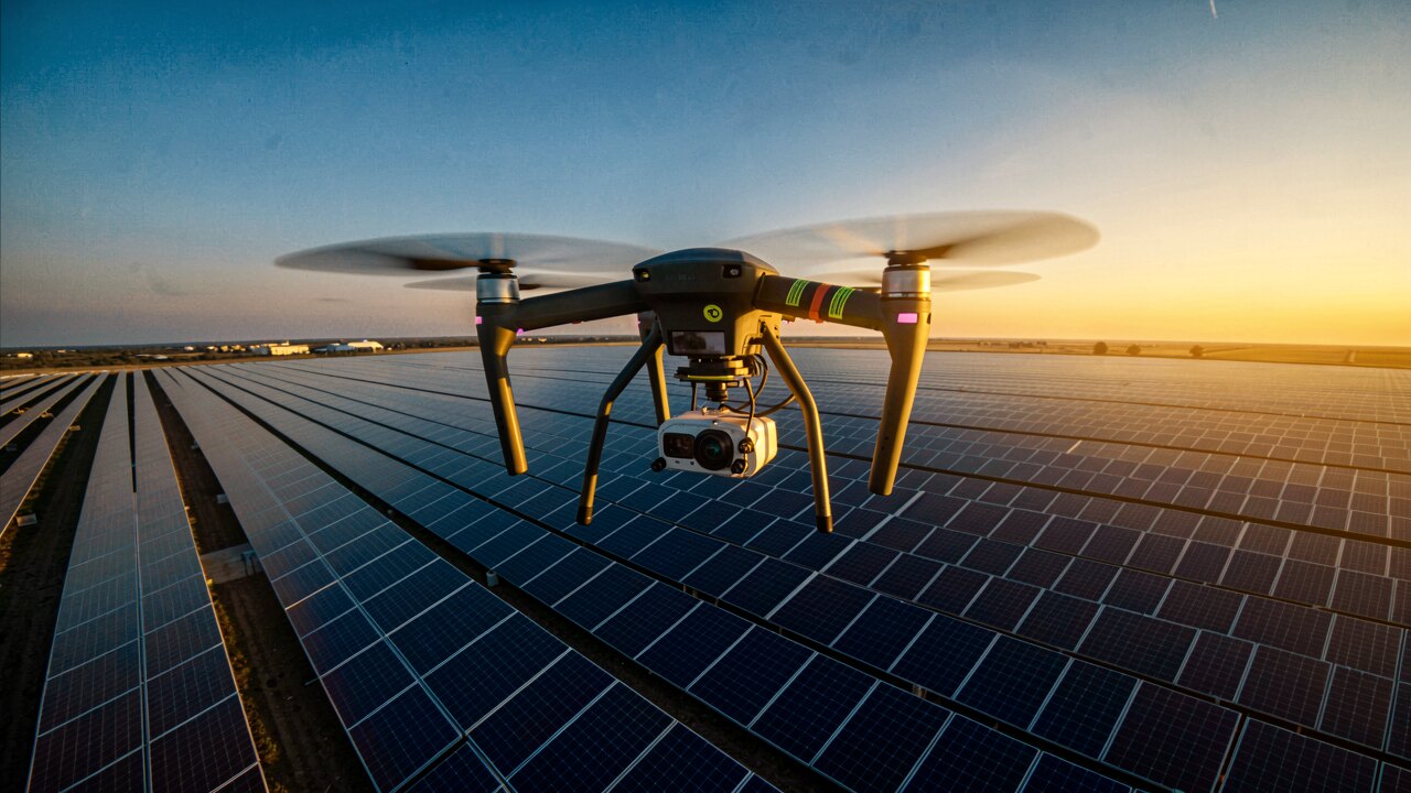 Drohne mit Wärmebildkamera überfliegt eine große Photovoltaik-Anlage bei klarem Himmel