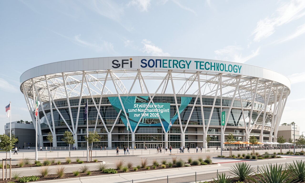 SoFi Stadium Inglewood bei Nacht mit leuchtendem ETFE-Dach und Infinity Screen — Konzept-Illustration