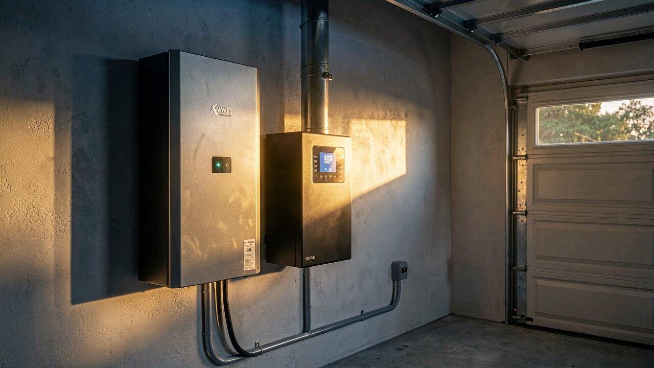 Wandmontierter Heim-Batteriespeicher neben Wechselrichter im Hausanschlussraum