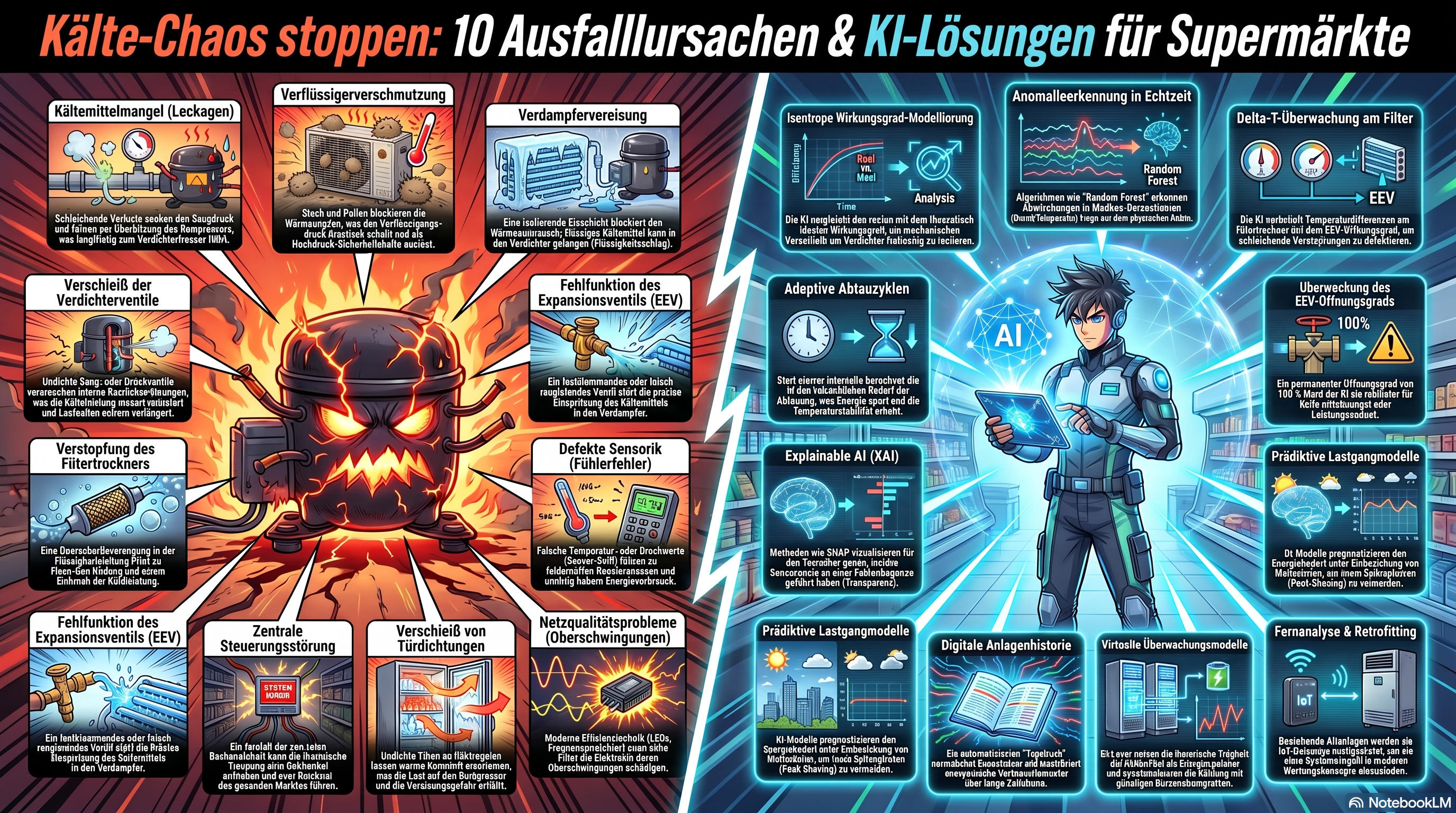 Infografik: 10 Ausfallursachen und KI-Lösungen für Supermarkt-Kältetechnik