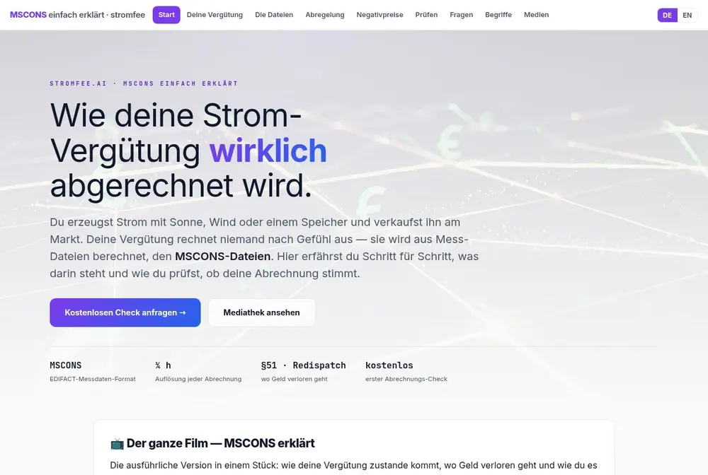 Startseite mscons.stromfee.ai — wie deine Strom-Vergütung wirklich abgerechnet wird