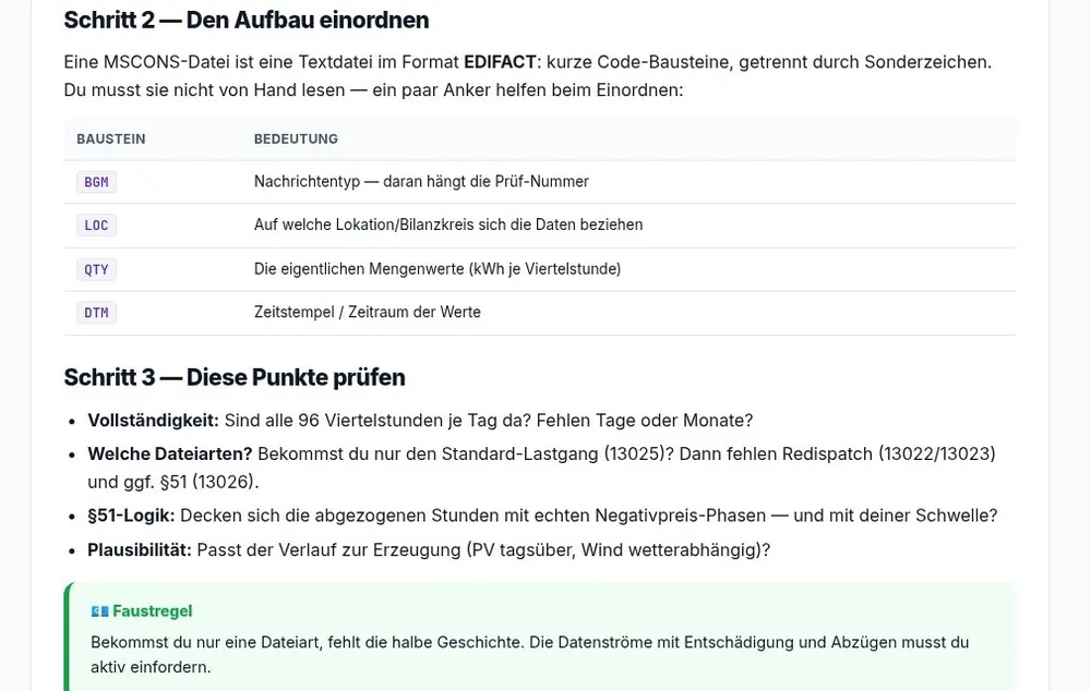 EDIFACT-Bausteine BGM, LOC, QTY, DTM und die drei Prüfpunkte Vollständigkeit, Dateiarten, §51-Logik, Plausibilität