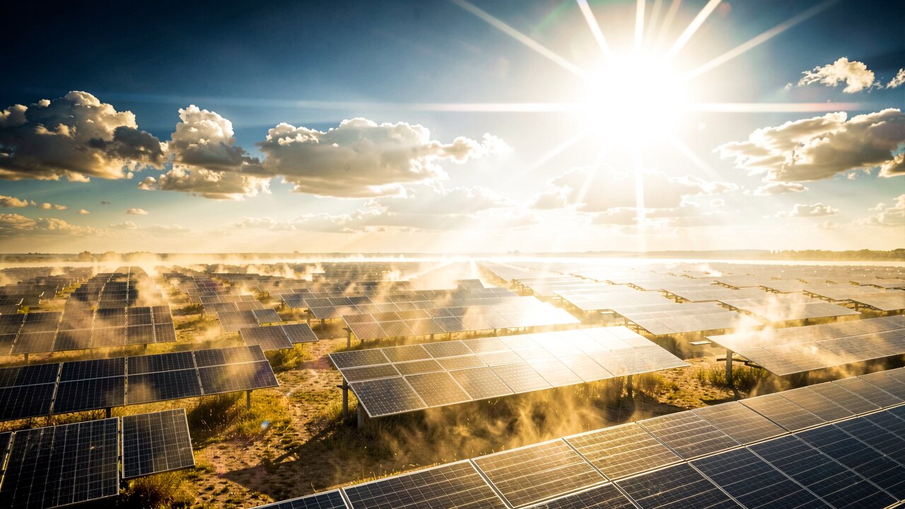 Weites Solarfeld unter greller Mittagssonne — Stromüberfluss, der die Börsenpreise ins Minus drückt