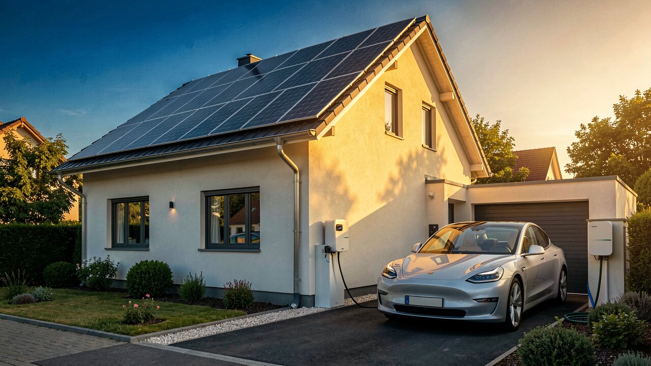 Haus mit PV, Wärmepumpe und ladender Wallbox — Eigenverbrauch statt Einspeisen bei Negativpreis