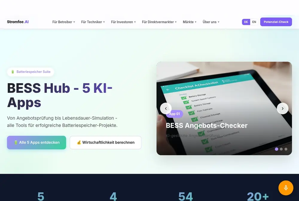BESS Hub — fünf KI-Apps für Batteriespeicher-Projekte