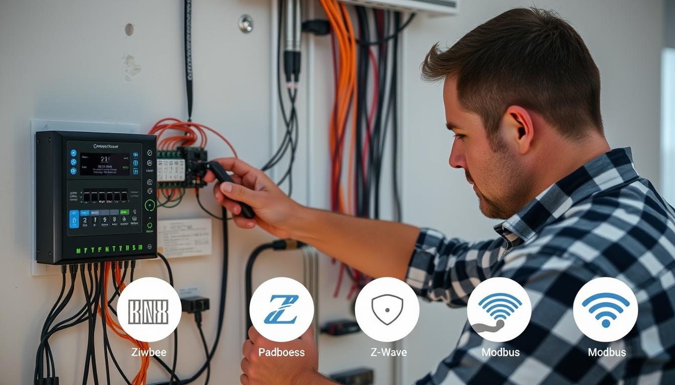 Hauselektriker arbeitet an der Integration verschiedener Kommunikationsprotokolle in einem Smart Home