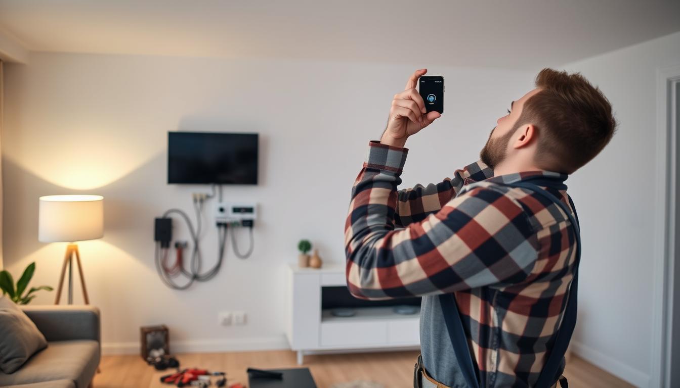 Hauselektriker installiert Smart-Home-Komponenten in einem modernen Wohnzimmer