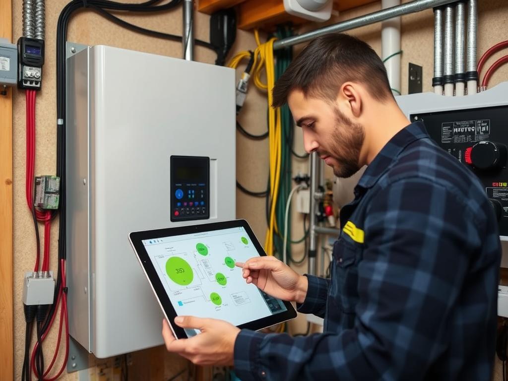 Hauselektriker arbeitet an einem Batteriespeichersystem (BESS) in einem Hausanschlussraum
