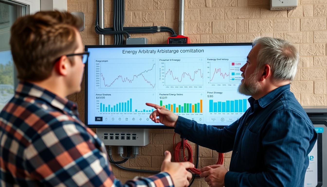 Hauselektriker erklärt einem Kunden die Funktionsweise eines Arbitrageoptimierers anhand von Grafiken