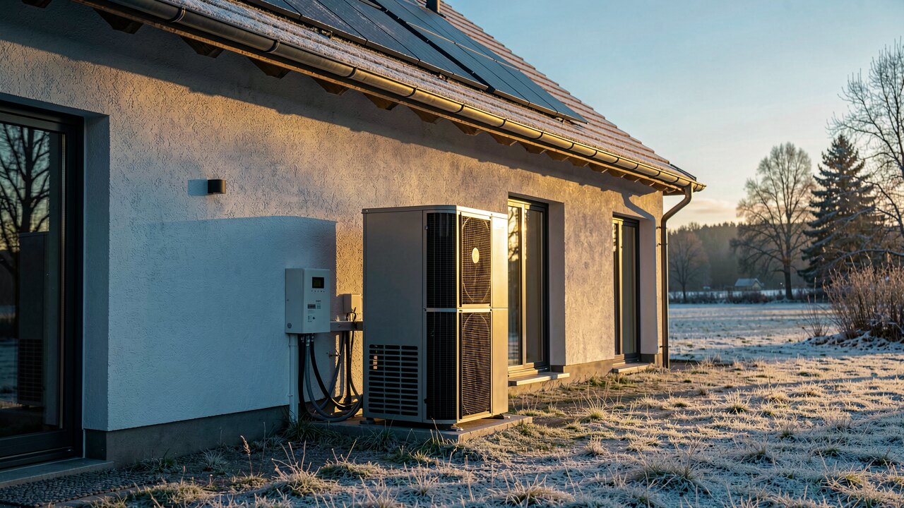 Moderne Wärmepumpe an einer Hauswand im Winter, Raureif auf dem Gehäuse