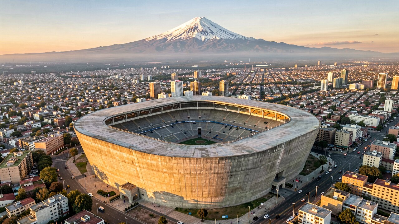 Estadio Azteca bei Nacht — offene Betonschüssel auf 2.200 m Höhe, Flutlicht erleuchtet den Rasen, Mexiko-Stadt im Hintergrund — KI-Illustration