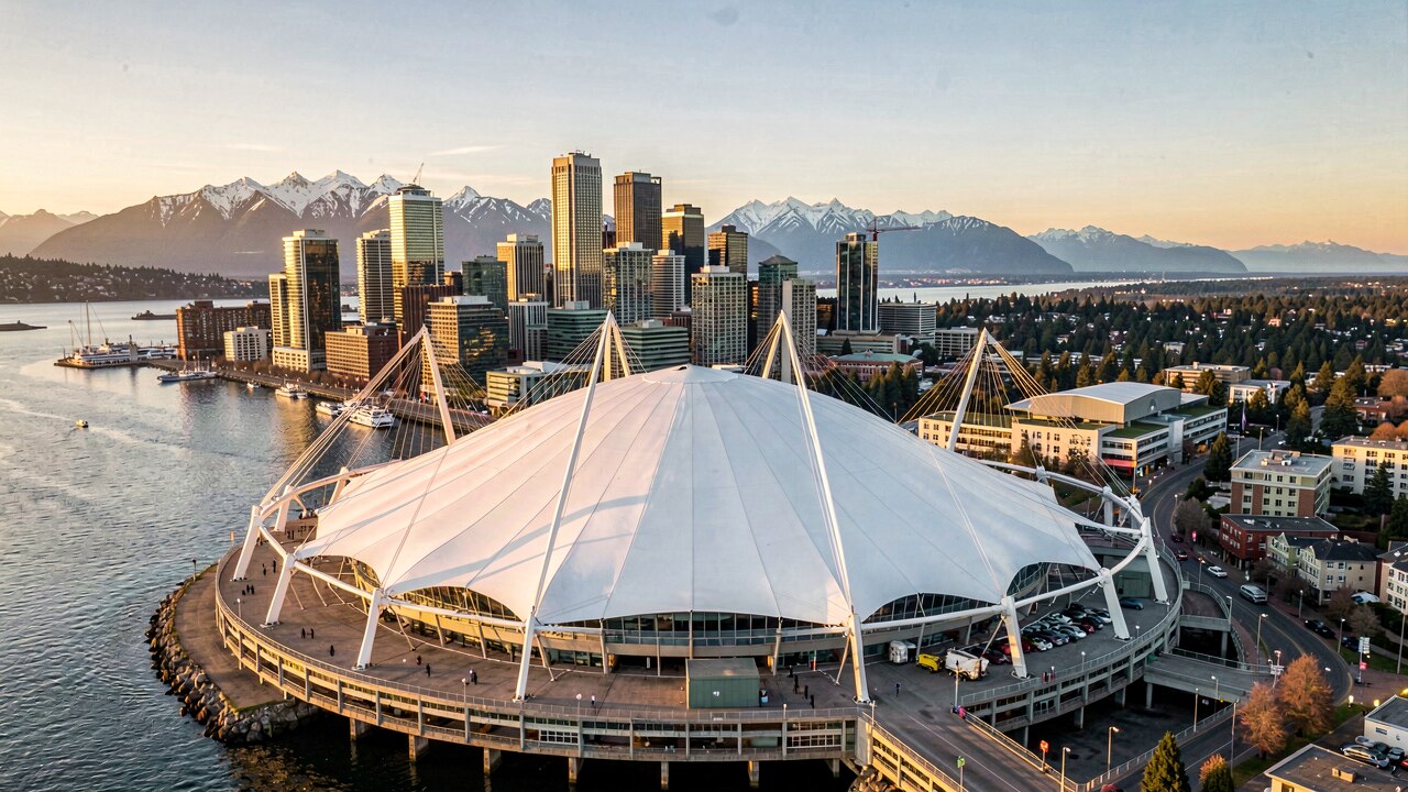 BC Place Vancouver bei Abenddämmerung — markantes weißes einziehbares Membrandach leuchtet über der Skyline — KI-Illustration