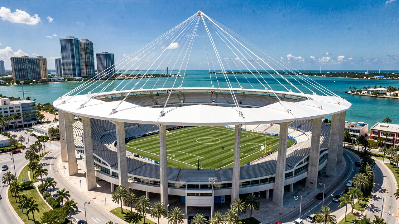 Hard Rock Stadium Miami Gardens bei Abenddämmerung mit markanter Baldachin-Dachkonstruktion und Flutlicht — KI-Illustration