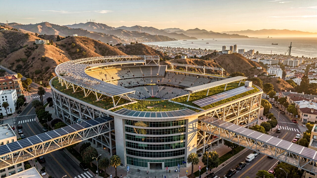 Levi's Stadium in Santa Clara aus der Vogelperspektive mit Solarmodulen auf dem Suite-Tower und begrüntem Dach — KI-Illustration