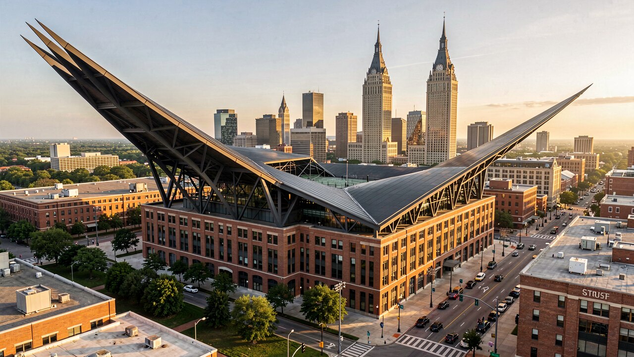 Lincoln Financial Field Philadelphia bei Flutlicht — Konzept-Illustration mit sichtbaren Solarmodulen an Fassade und Parkplatz