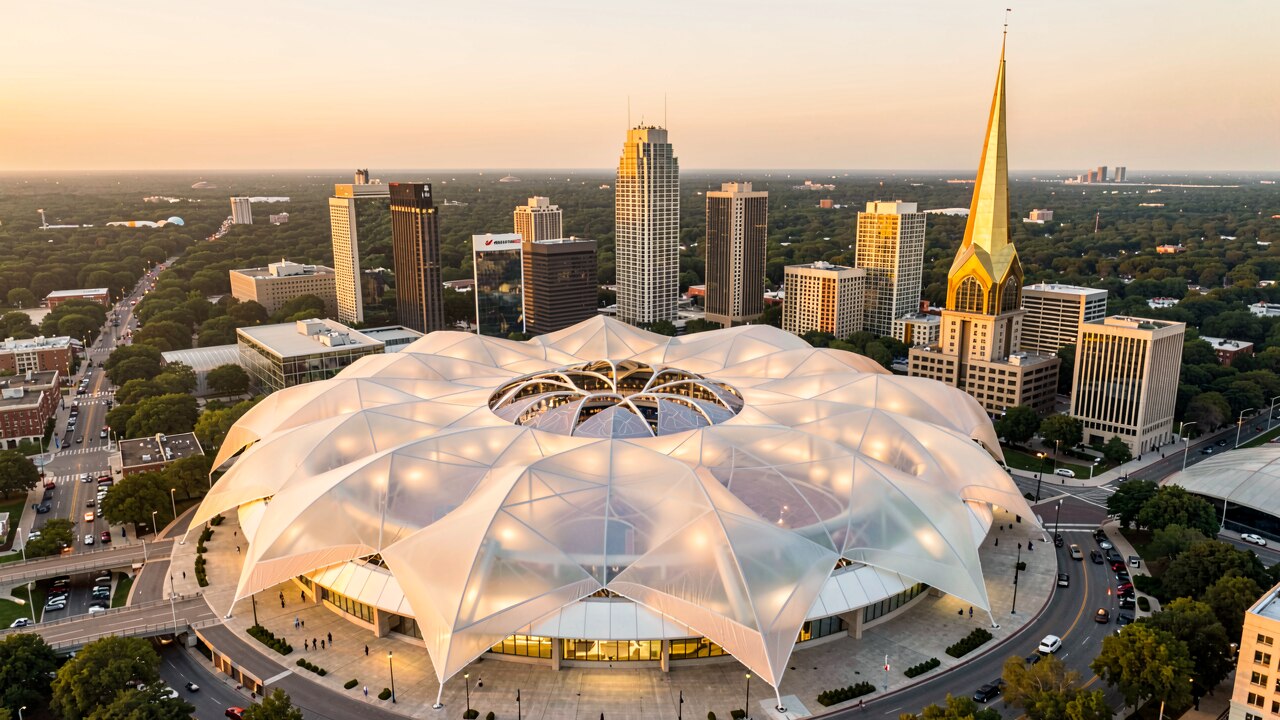 Mercedes-Benz Stadium Atlanta bei Abenddämmerung — blütenförmiges Dach öffnet sich, Solarmodule auf dem Dach sichtbar — KI-Illustration