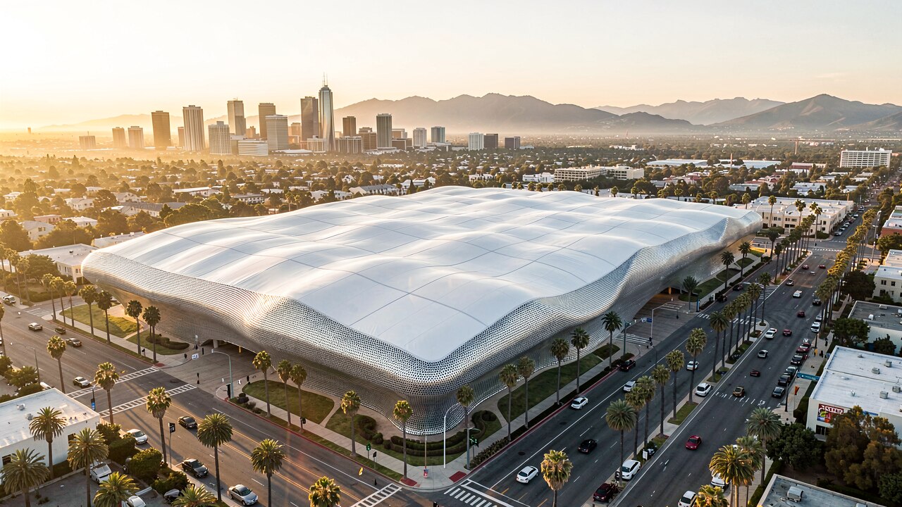 SoFi Stadium Inglewood bei Nacht mit leuchtendem ETFE-Dach und Infinity Screen — Konzept-Illustration