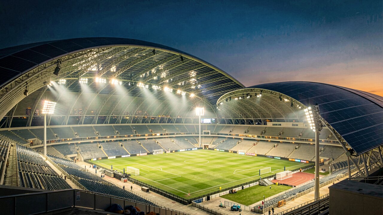 Großes Fußballstadion bei Dämmerung mit hellem Flutlicht und einem Dach voller blauer Solarmodule — Illustration